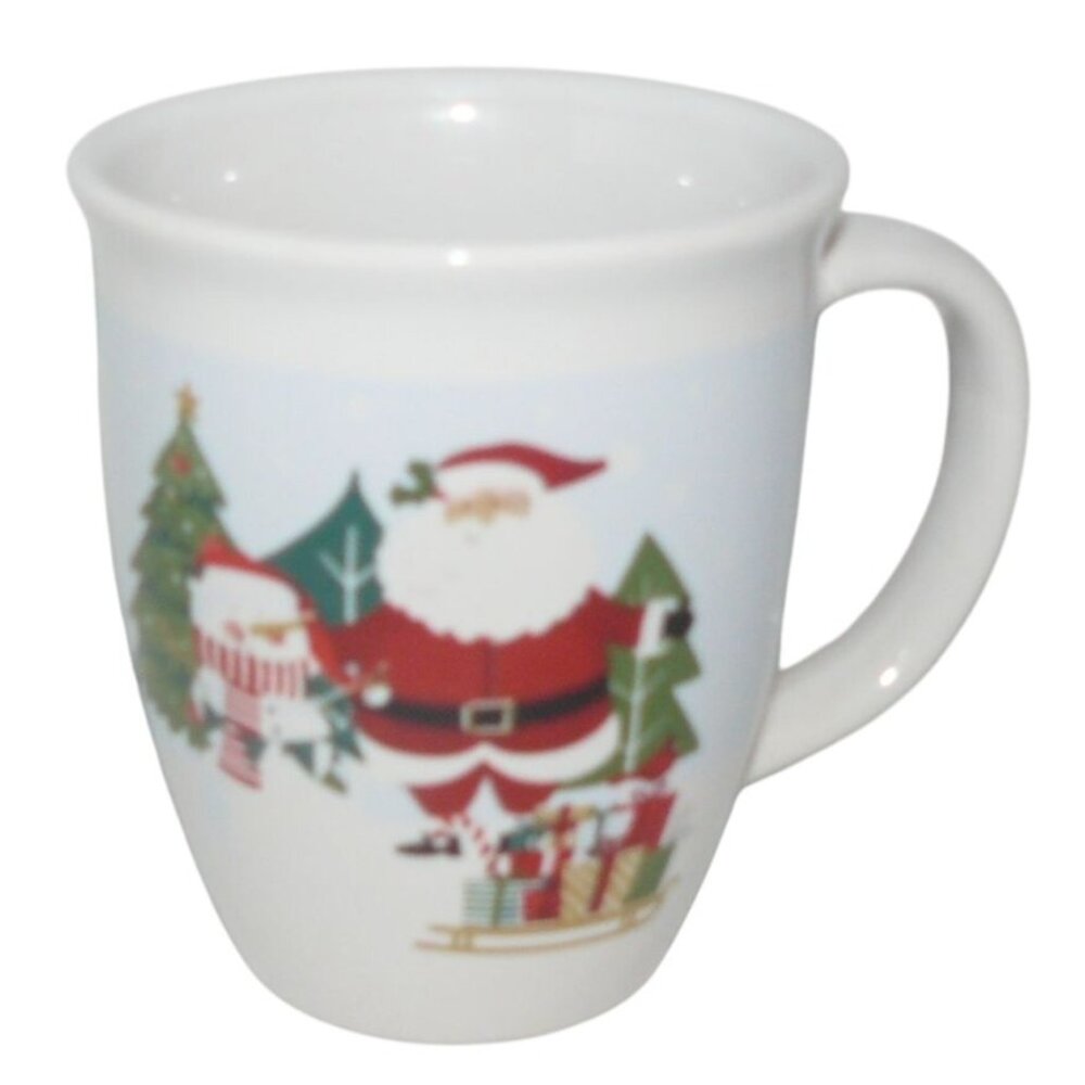 Santa & Snowman Holiday Ceramic Mug White Festive Christmas Tree Design NWOT Vtg